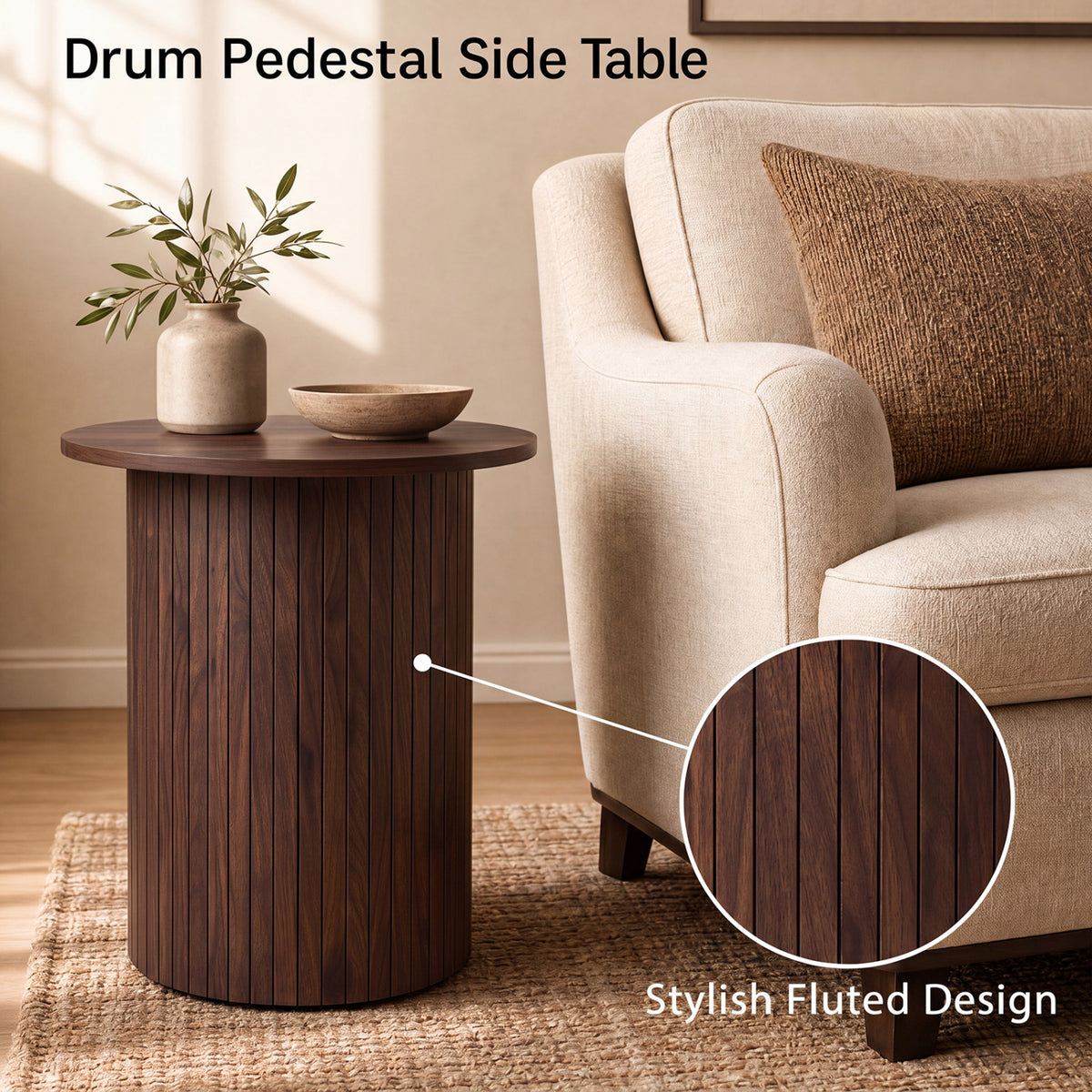 18" Round Fluted Side Table with Pedestal Drum Design and Non-Slip Foot Pads for Small Spaces-Walnut
