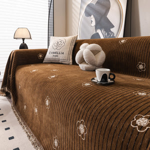 Chenille Camellia Floral Sofa Throw Cover Couch Blanket with Striped Jacquard