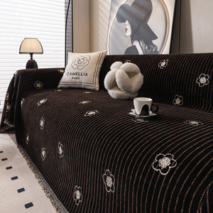 Chenille Camellia Floral Sofa Throw Cover Couch Blanket with Striped Jacquard