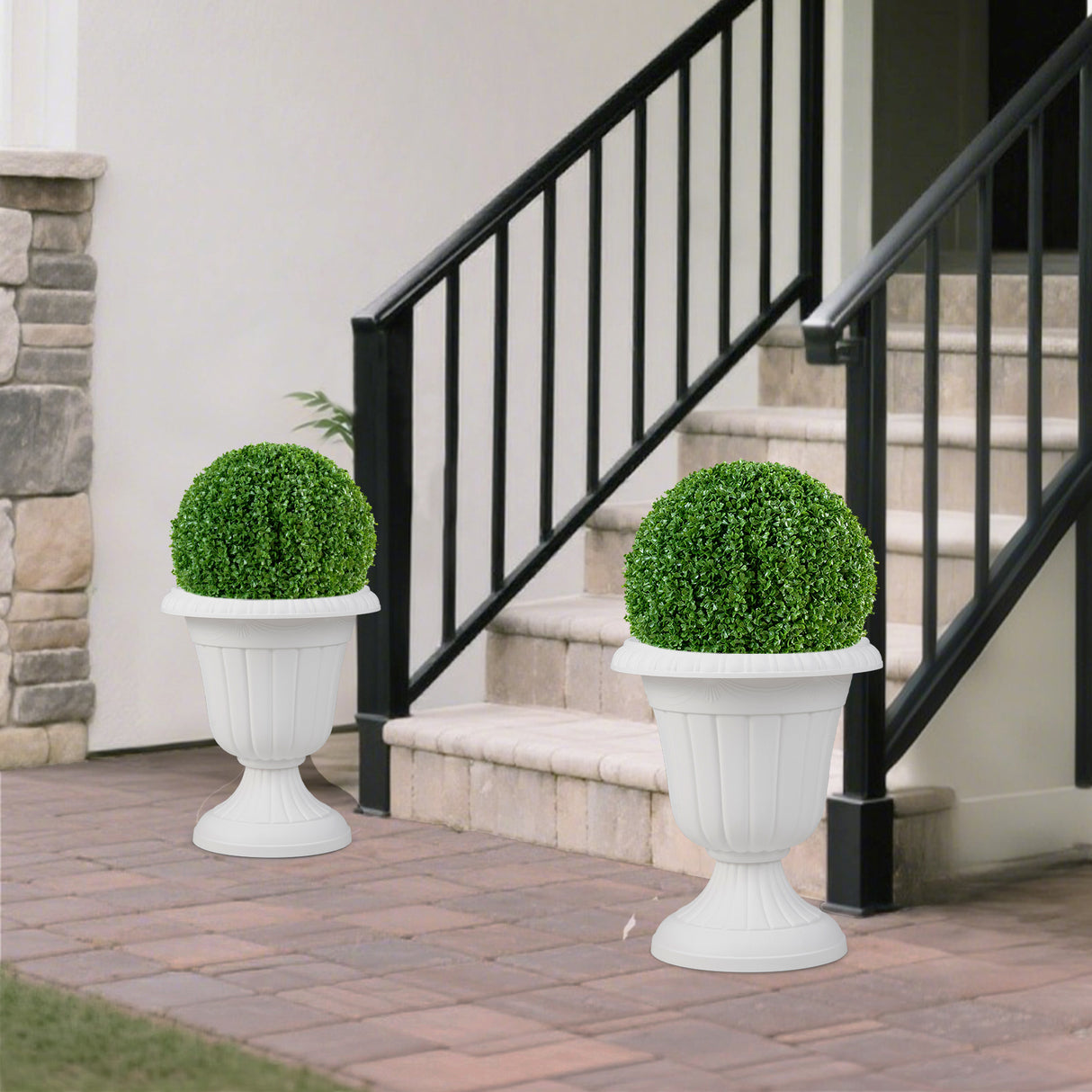 18 inch Tall Vintage Planters Set of 2 with Pedestal Base and Pre-marked Drain Hole-White