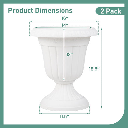 18 inch Tall Vintage Planters Set of 2 with Pedestal Base and Pre-marked Drain Hole-White