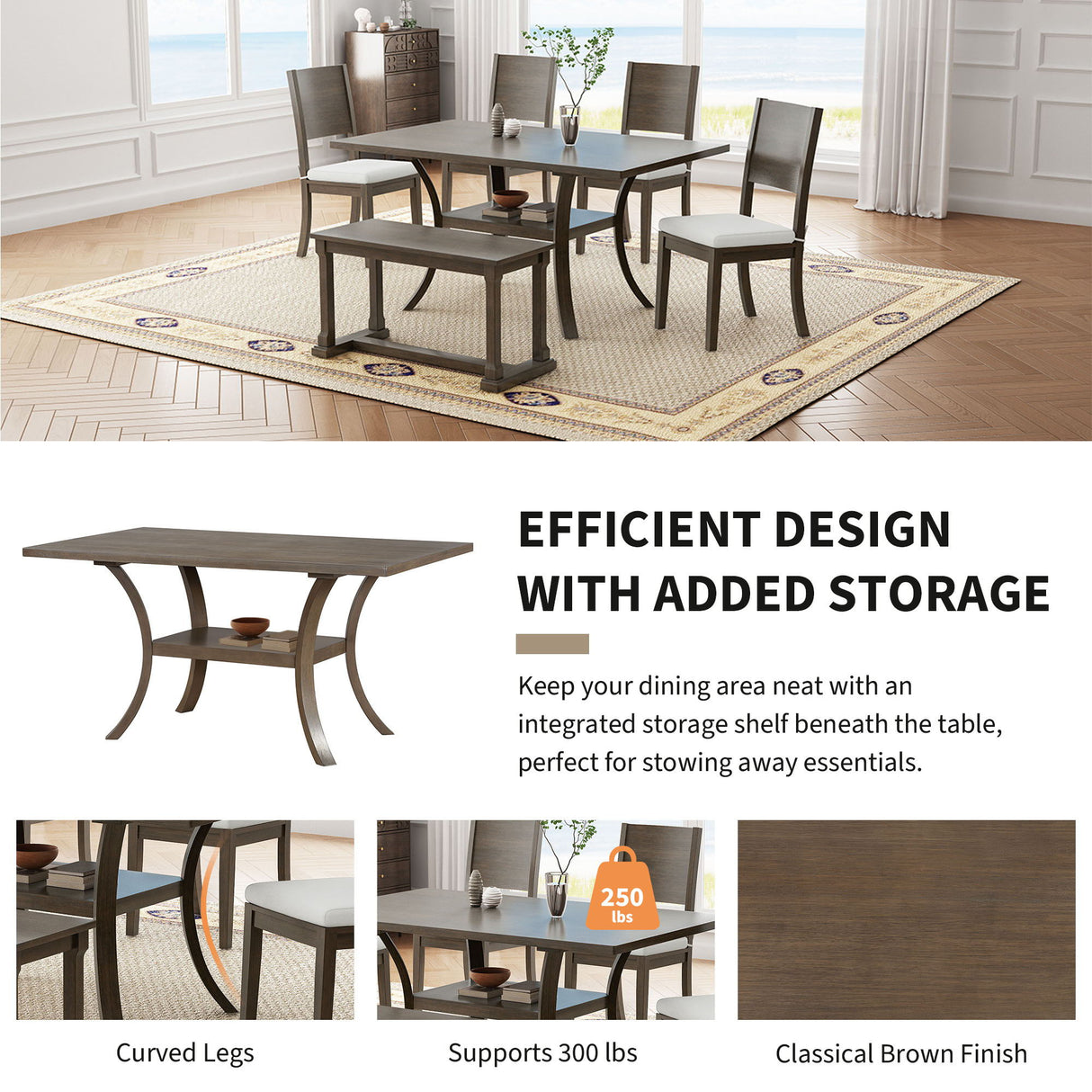 The sunlit room showcases the Topmax 6 Piece Wood Dining Table Set, featuring a table, four chairs with removable cushions, and a bench on a beige rug. It includes a storage shelf and curved legs, supports 300 lbs, and boasts an efficient design with a classical brown finish.