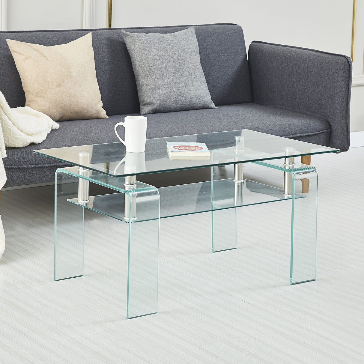 Modern Tempered Glass Coffee Table With 2 Tier Storage For Living Room by Couch.com
