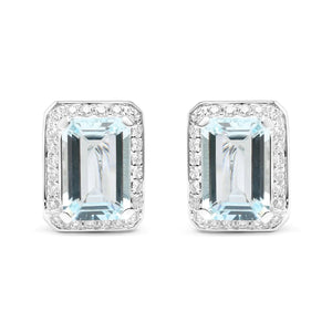 18K White Gold 3/4 Cttw Round Diamond and 13x9mm Emerald Cut Blue Aquamarine Gemstone Halo Omega Stud Earrings (G-H Color, SI1-SI2 Clarity)