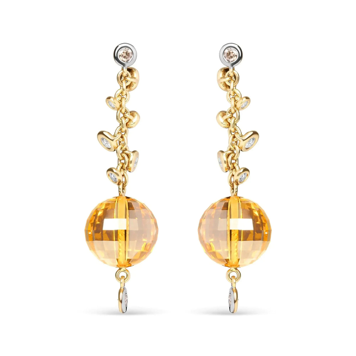 18K Yellow Gold 2/3 Cttw Round Bezel Diamond and 25mm Ball Shaped Yellow Citrine Gemstone Dangle Stud Earring (Brown and G-H Color, SI1-SI2 Clarity)