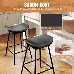 Set of 2 Swivel Barstools Faux Leather Upholstered Backless with Footrest-Black