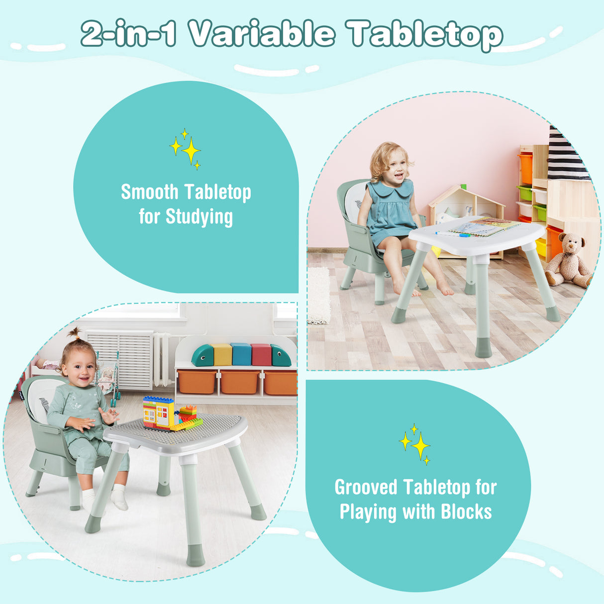 6-in-1 Convertible Baby High Chair with Adjustable Removable Tray-Green