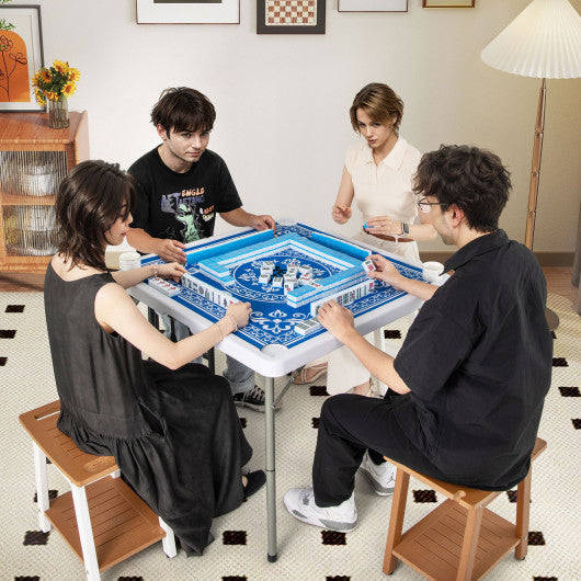 35 Inch 4 Player Game Card Folding Mahjong Table with Cup Holders-Light Blue