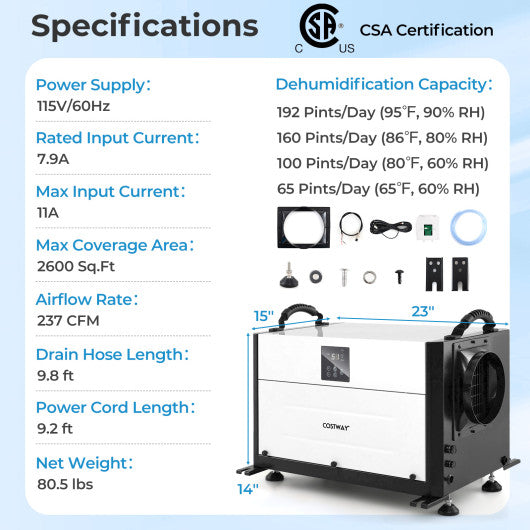 192 Pint Crawl Space Dehumidifier with 3 Modes and 24H Timer-White
