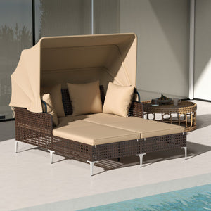 Outdoor Daybed with Retractable Canopy PE Wicker Rattan Patio Lounger-Brown