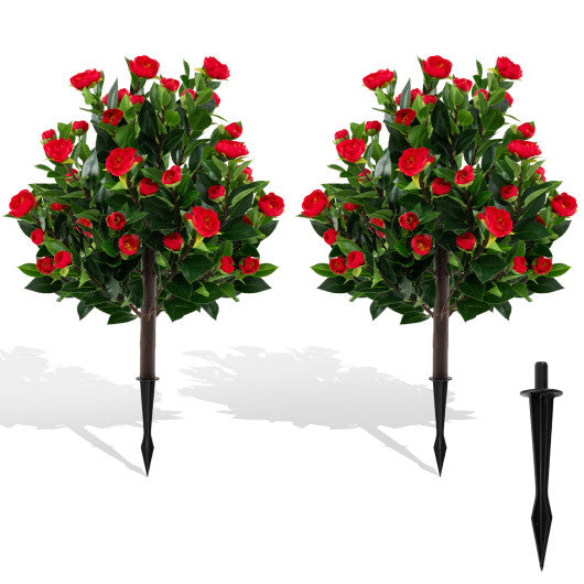 31 Inches Artificial Camellia Tree Set 2 Pack Fake Flower Trees-Green