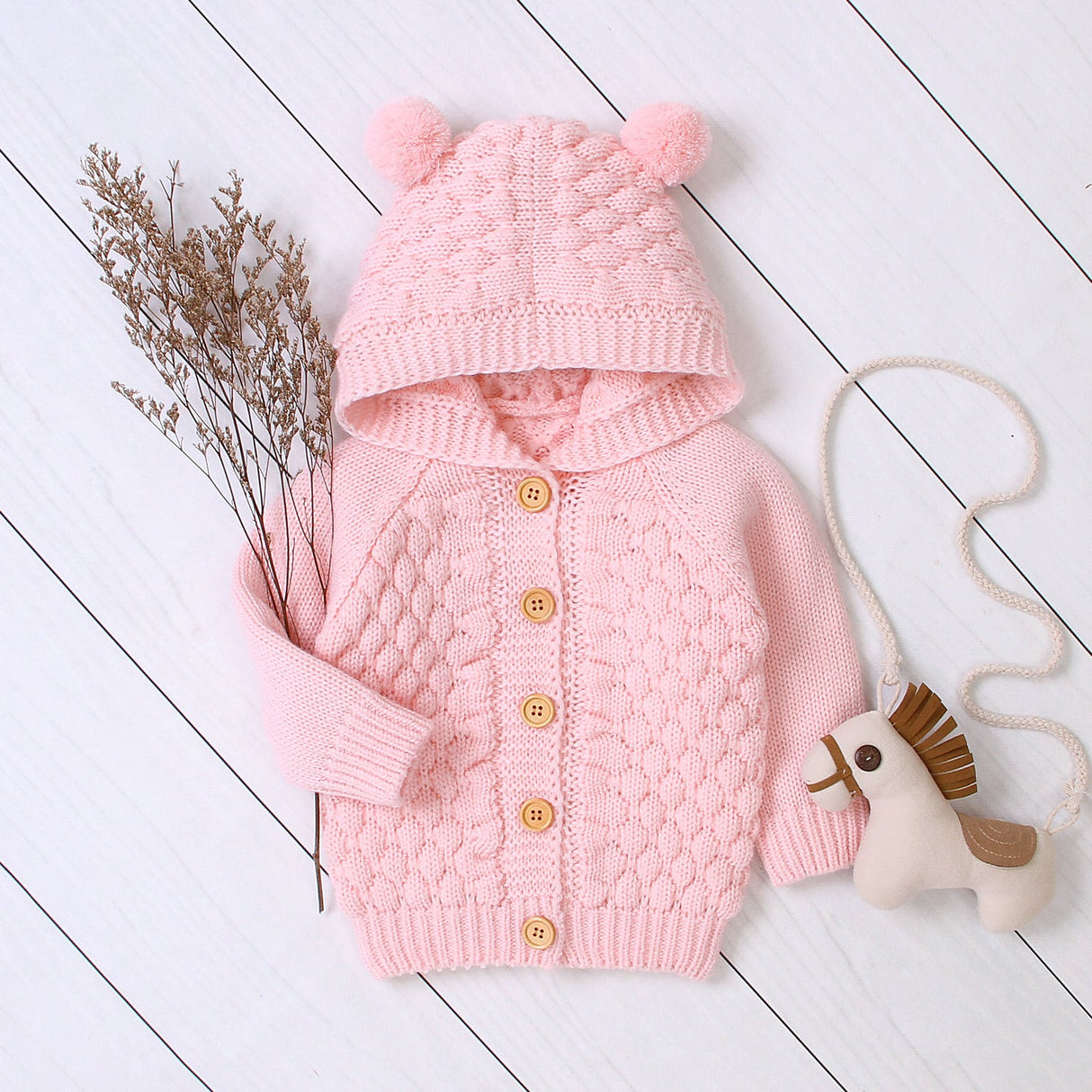 Wool ball hooded knitted jacket