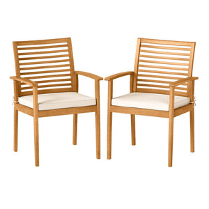 Outdoor Patio Dining Chairs Set of 2 with Removable Padded Cushion and Slatted Backrest-Beige