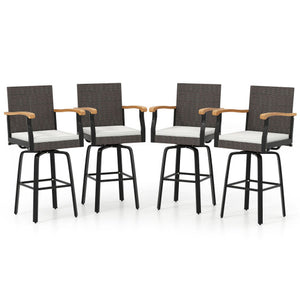 Set of 4 Outdoor 360° Swivel Bar Stool with Cushion and Acacia Wood Armrests