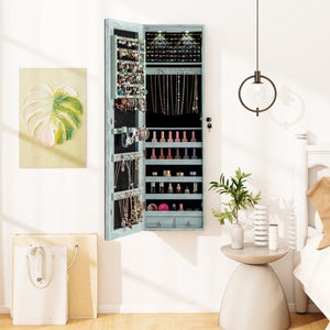 Wall and Door Mounted Mirrored Jewelry Cabinet with Lights-Navy