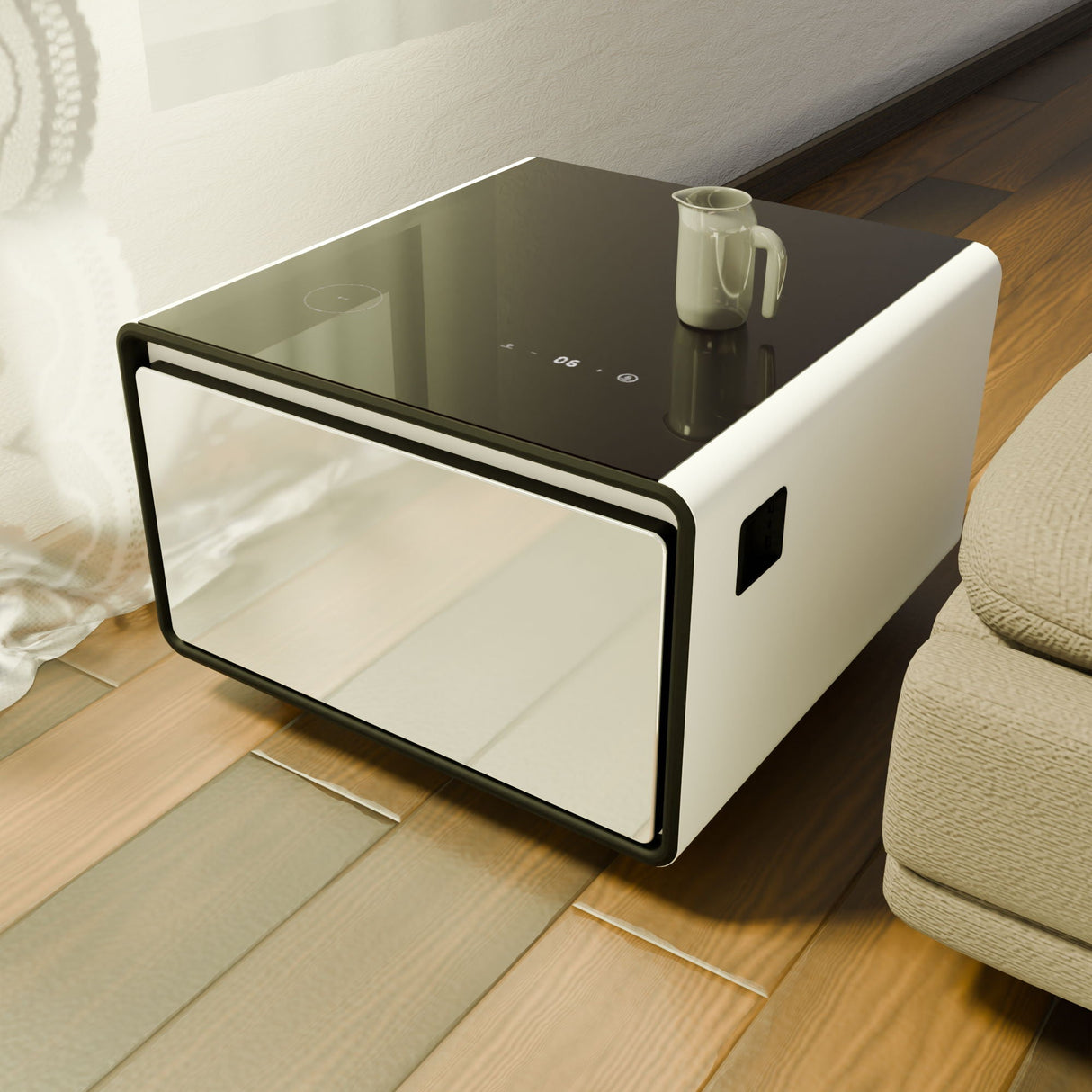 Modern Smart Side Table With Built-In Fridge, Wireless Charging, Temperature Control, Power Socket, USB Ports, Outlet Protection, Induction Light by Couch.com