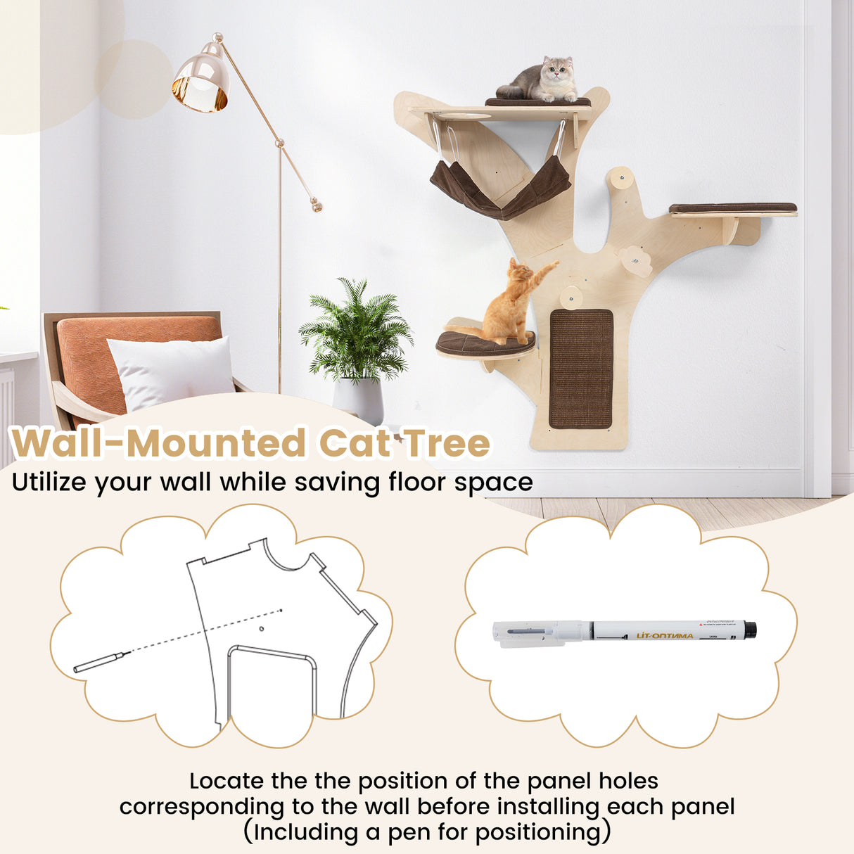 Wall-Mounted Cat Tower Cat Wall Shelves Furniture with Perch-Brown