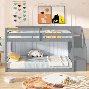 Twin Over Twin Low Bunk Bed with Storage Stairs Solid Wood Floor Bunk Bed Frame-Gray