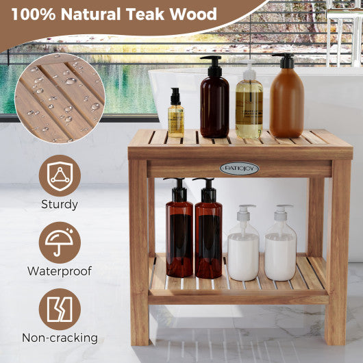19 Inch Teak Wood Shower Bench Inside Shower Stool with Storage Shelf
