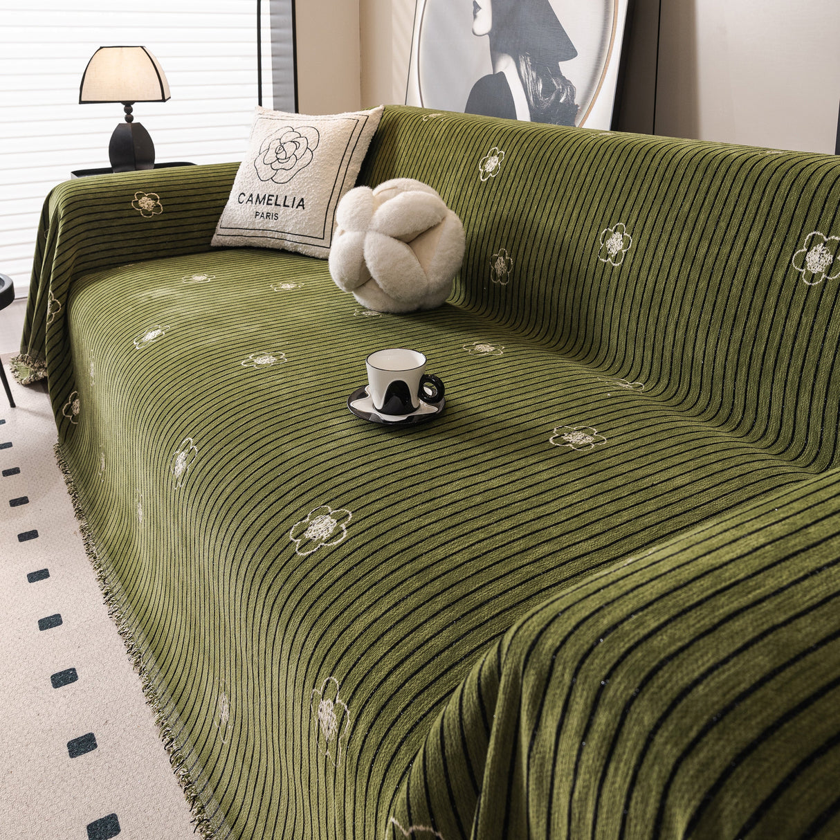 Chenille Camellia Floral Sofa Throw Cover Couch Blanket with Striped Jacquard
