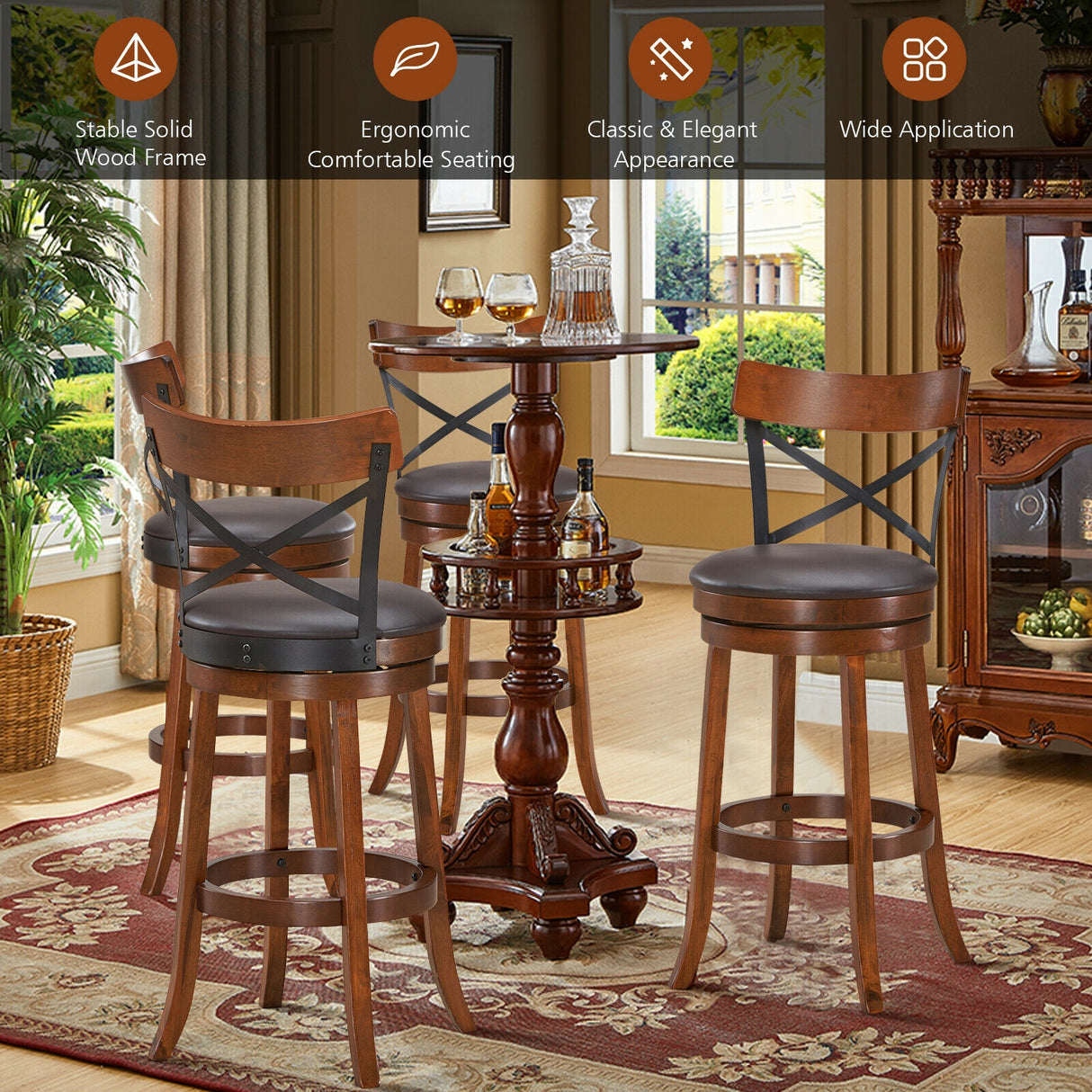 Set of 2 Bar Stools 360-Degree Swivel Dining Bar Chairs with Rubber Wood Legs-25 inch
