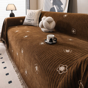 Chenille Camellia Floral Sofa Throw Cover Couch Blanket with Striped Jacquard