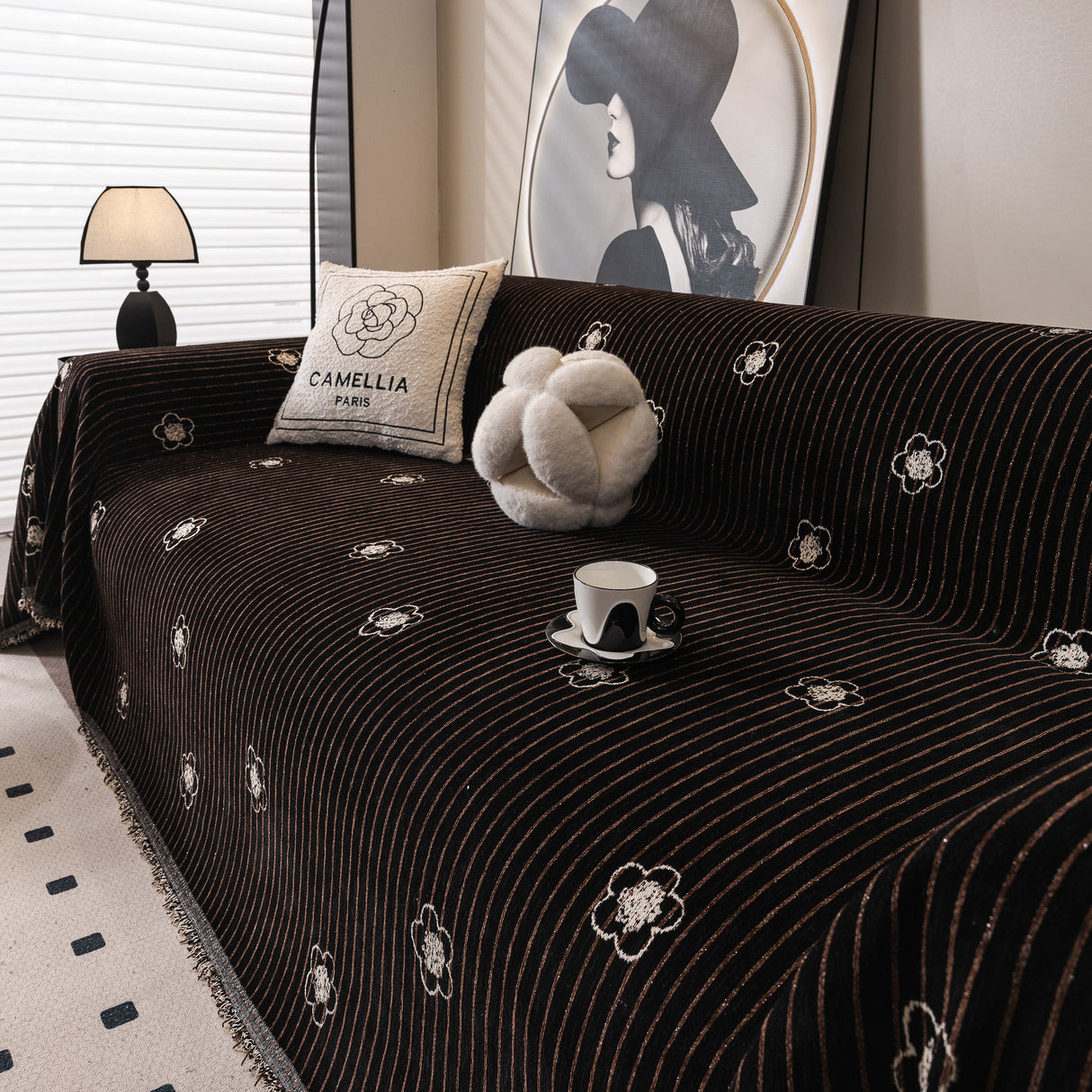 Chenille Camellia Floral Sofa Throw Cover Couch Blanket with Striped Jacquard