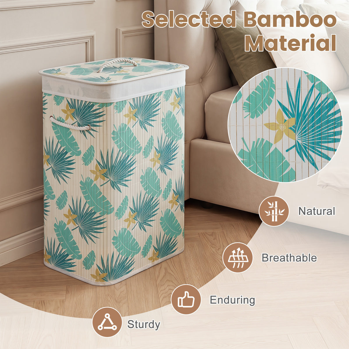 19 Gal Bamboo Clothes Hamper with Removable Liner and Portable Handles-Green