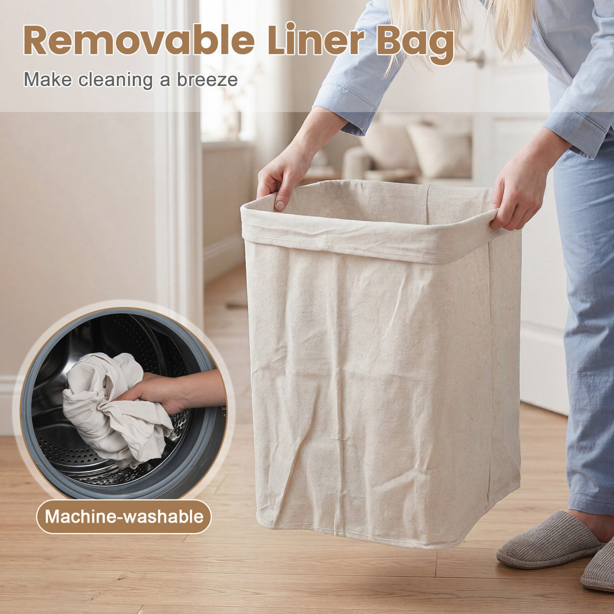 19 Gal Bamboo Clothes Hamper with Removable Liner and Portable Handles-Green
