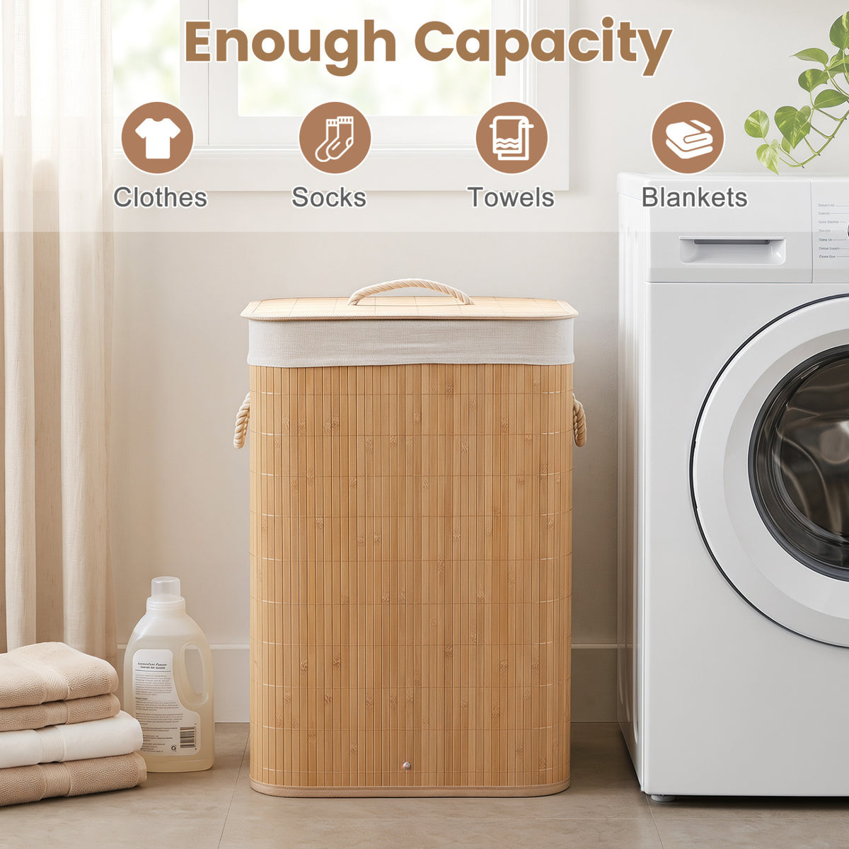 19 Gal Bamboo Clothes Hamper with Removable Liner and Portable Handles-Natrual