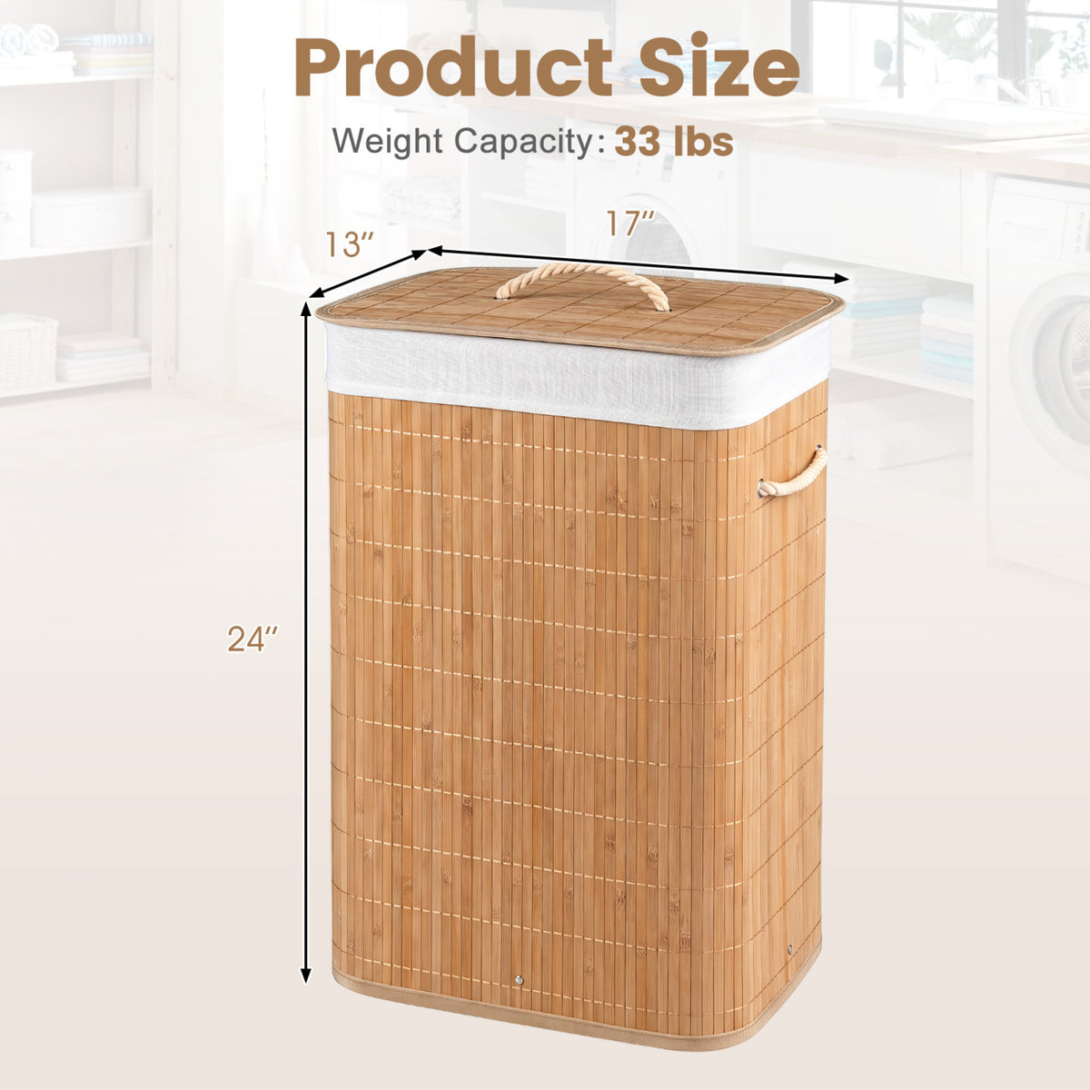 19 Gal Bamboo Clothes Hamper with Removable Liner and Portable Handles-Natrual