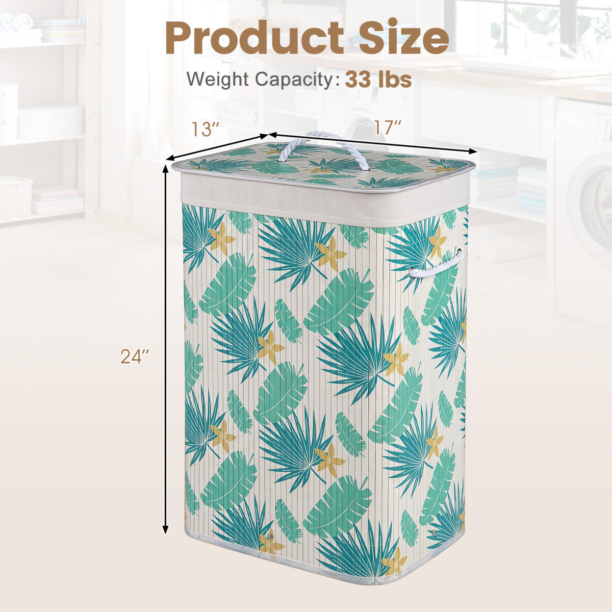 19 Gal Bamboo Clothes Hamper with Removable Liner and Portable Handles-Green