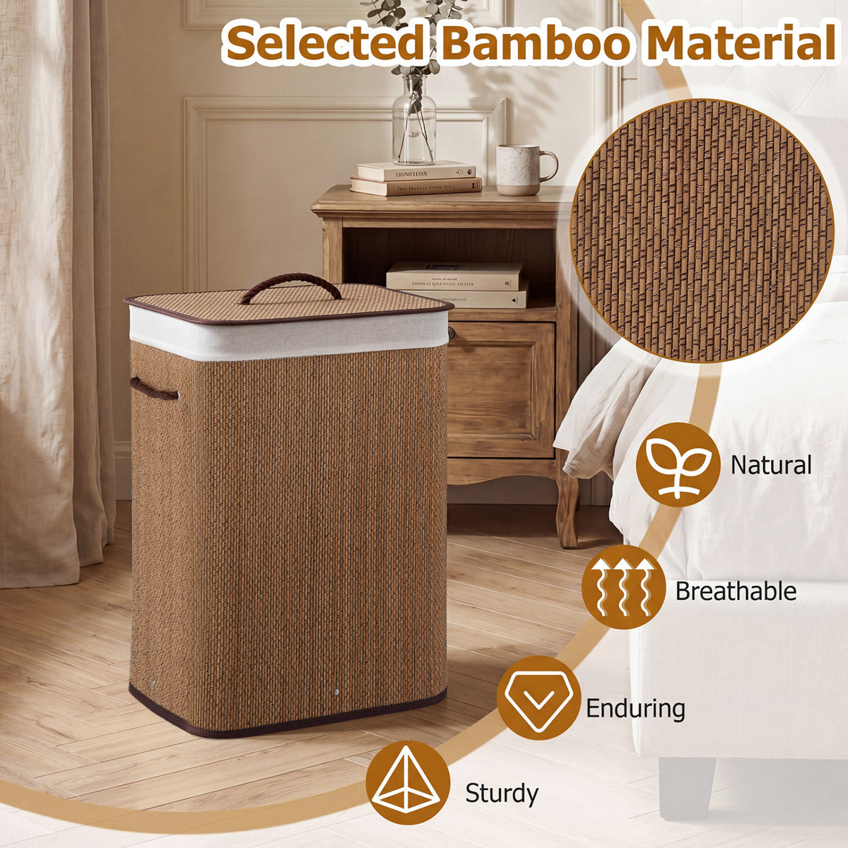 19 Gal Capacity Bamboo Clothes Hamper with Removable Liner and Portable Handles-Brown