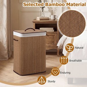 19 Gal Capacity Bamboo Clothes Hamper with Removable Liner and Portable Handles-Brown