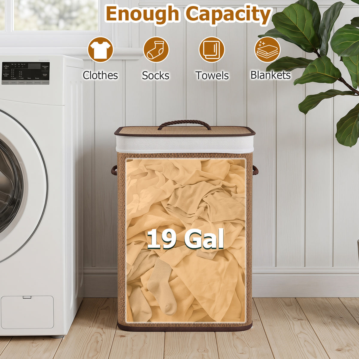 19 Gal Capacity Bamboo Clothes Hamper with Removable Liner and Portable Handles-Brown