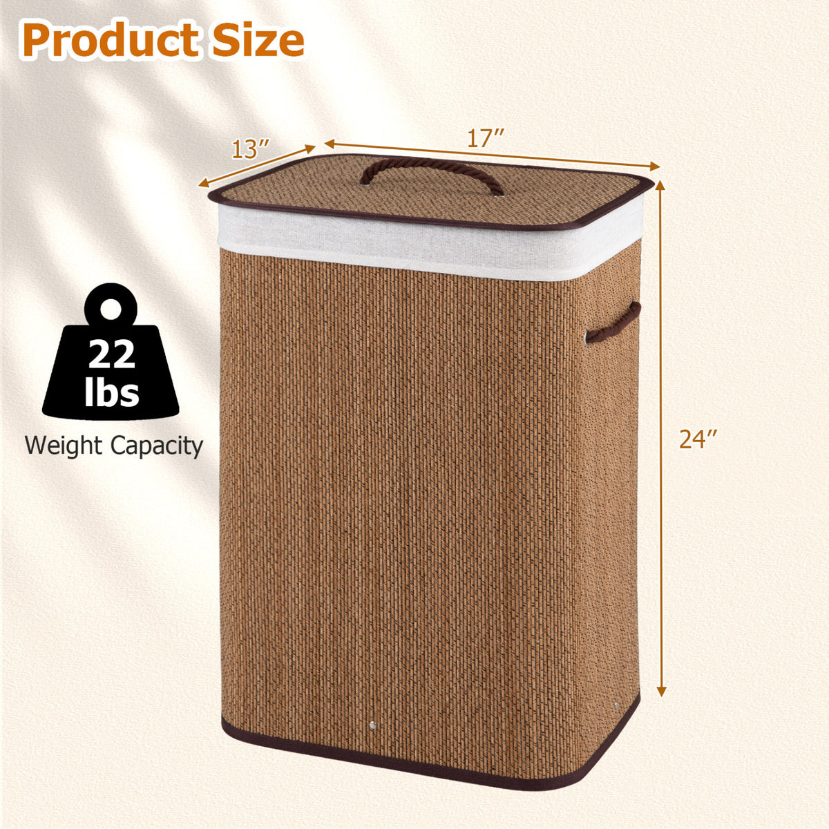 19 Gal Capacity Bamboo Clothes Hamper with Removable Liner and Portable Handles-Brown