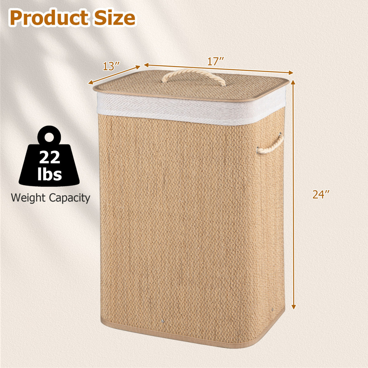19 Gal Capacity Bamboo Clothes Hamper with Removable Liner and Portable Handles-Natrual