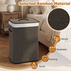 19 Gal Capacity Bamboo Clothes Hamper with Removable Liner and Portable Handles-Black