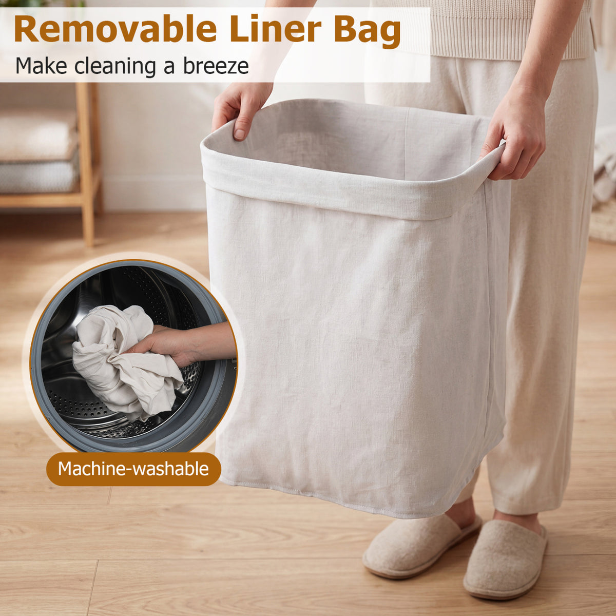 19 Gal Capacity Bamboo Clothes Hamper with Removable Liner and Portable Handles-Black