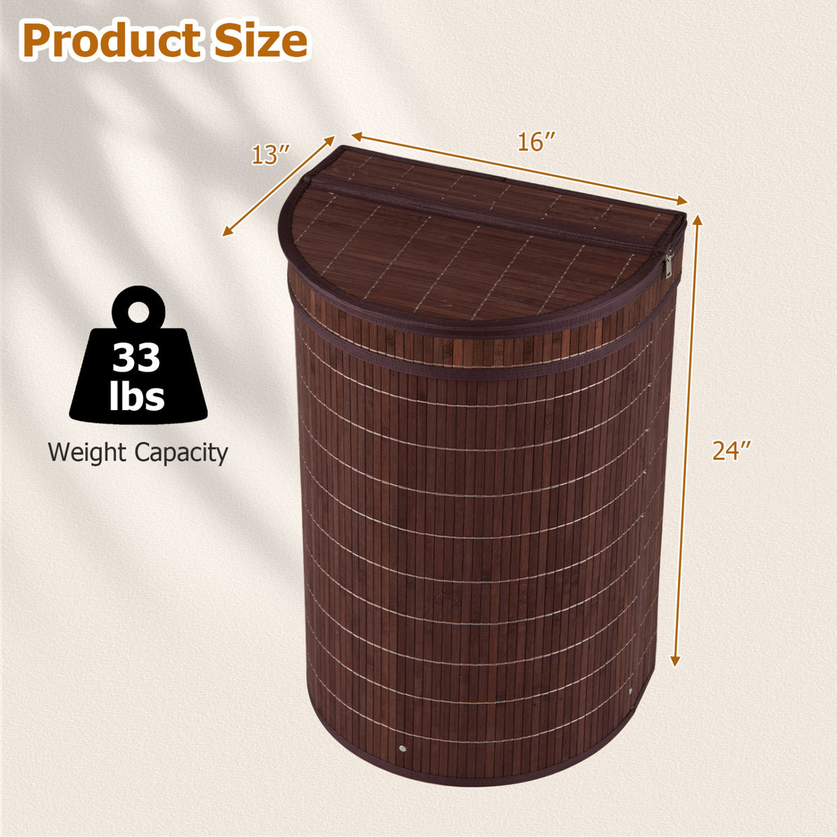 19 Gal Capacity Bamboo Laundry Hamper with Zippered Lid-Brown