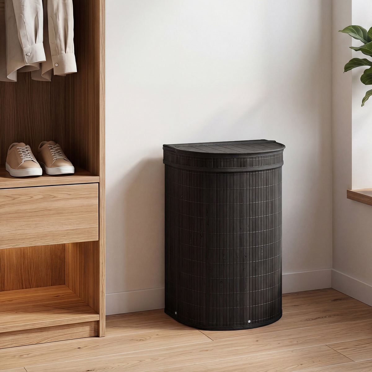 19 Gal Capacity Bamboo Laundry Hamper with Zippered Lid-Black