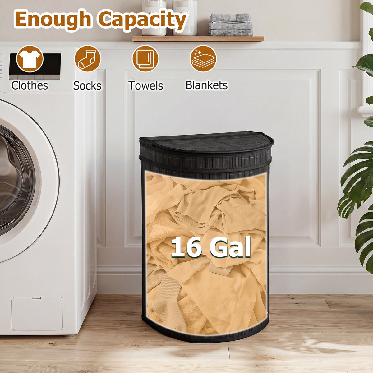 19 Gal Capacity Bamboo Laundry Hamper with Zippered Lid-Black