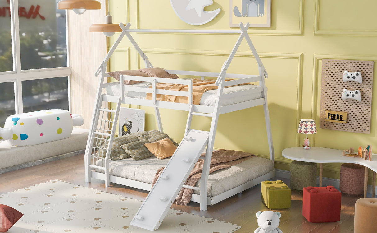 Twin Over Queen House Bunk Bed With Climbing Nets And Climbing Ramp by Couch.com