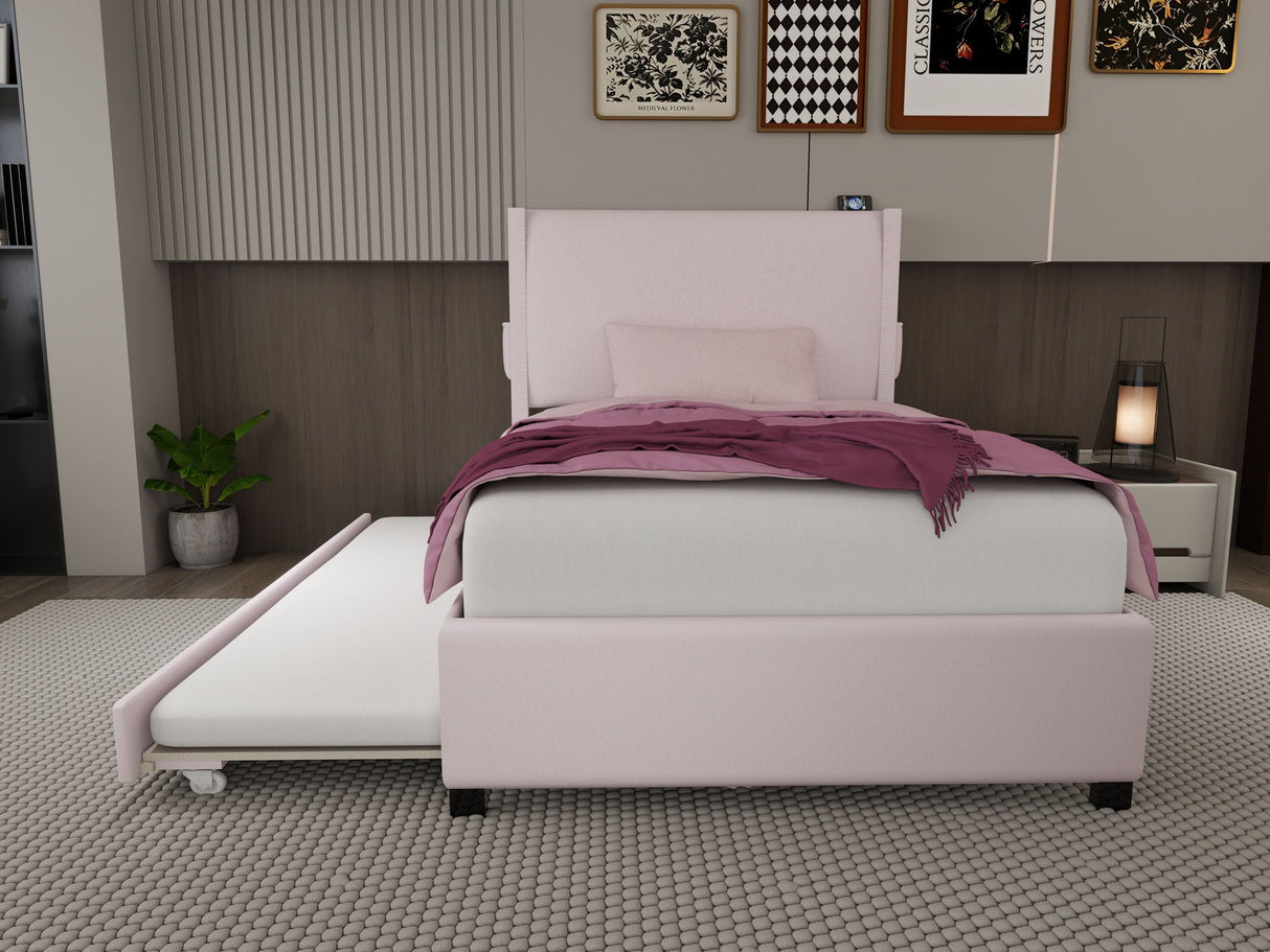 Twin Size Upholstered Bed Frame With Trundle Bed, Teddy Fabric, USB Functionality, And A Pocket Design On The Side Of The Headboard For Storing Small Items - Baby Pink by Couch.com