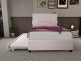 Twin Size Upholstered Bed Frame With Trundle Bed, Teddy Fabric, USB Functionality, And A Pocket Design On The Side Of The Headboard For Storing Small Items - Baby Pink by Couch.com