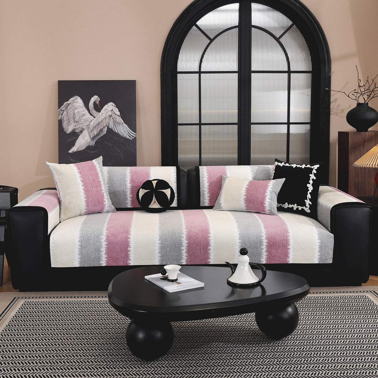 Striped Colorblock Non-Slip Sectional Couch Covers, Chenille Sofa Protector Cover