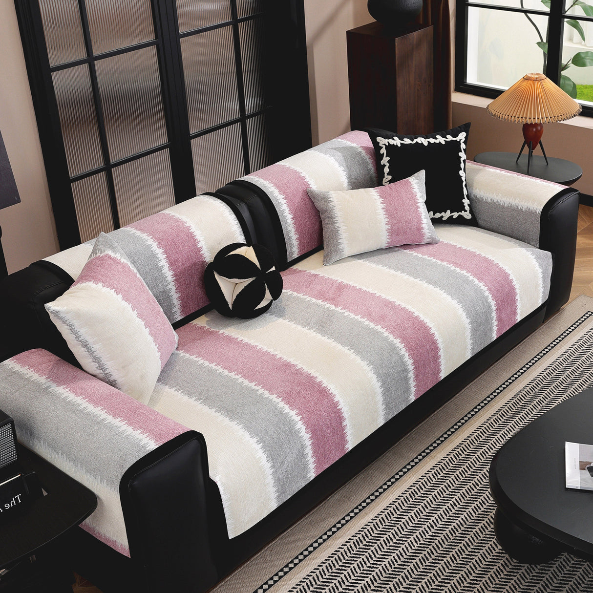 Striped Colorblock Non-Slip Sectional Couch Covers, Chenille Sofa Protector Cover