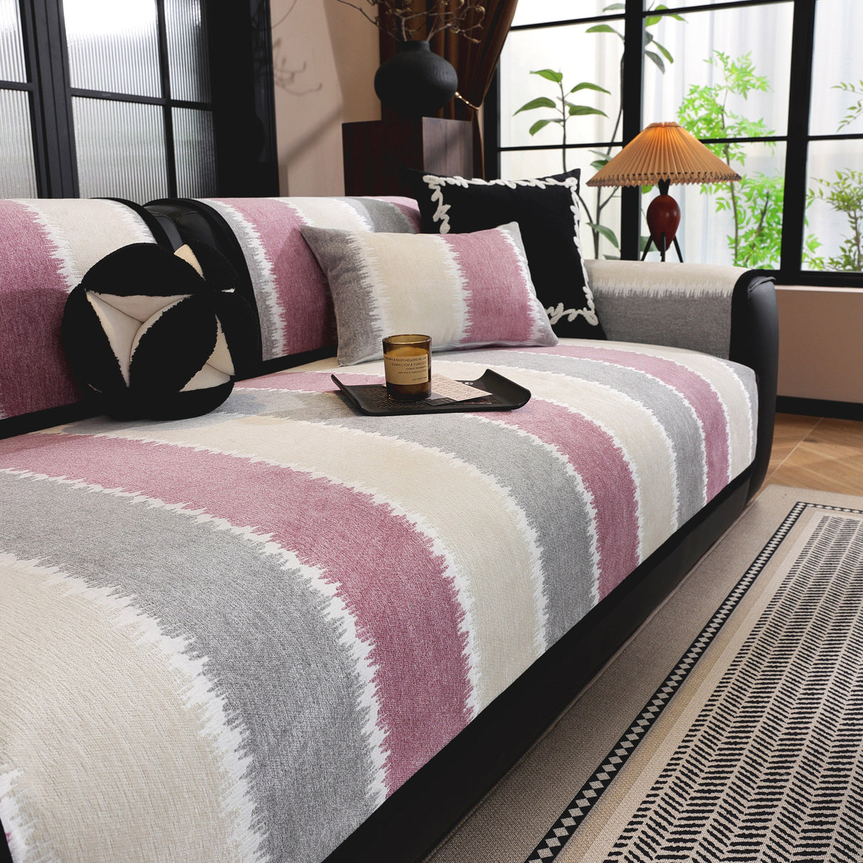 Striped Colorblock Non-Slip Sectional Couch Covers, Chenille Sofa Protector Cover