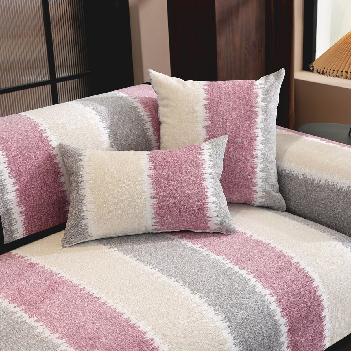 Striped Colorblock Non-Slip Sectional Couch Covers, Chenille Sofa Protector Cover