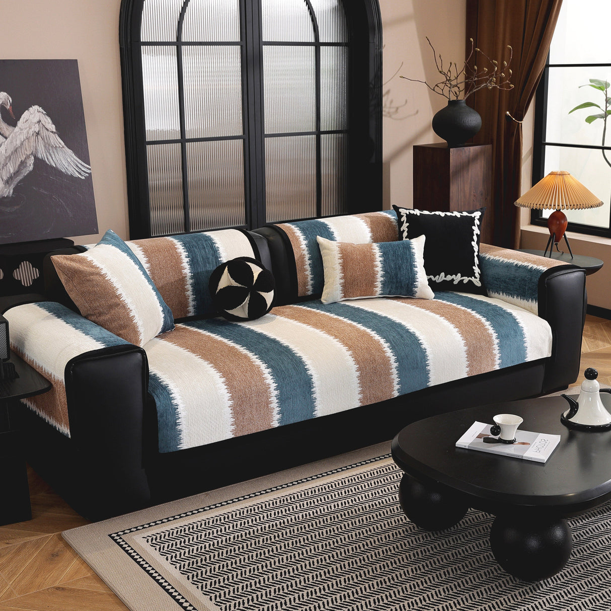 Striped Colorblock Non-Slip Sectional Couch Covers, Chenille Sofa Protector Cover